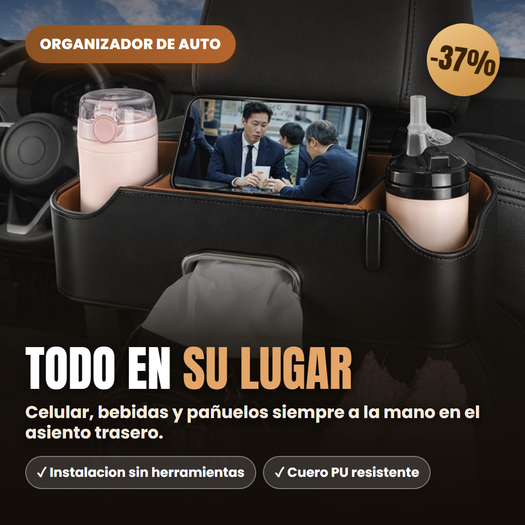 Organizador de asiento para auto negro con soporte de celular y portavasos