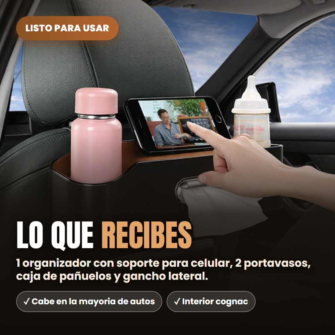 Lo que recibes: organizador con soporte celular, 2 portavasos, panuelos y gancho