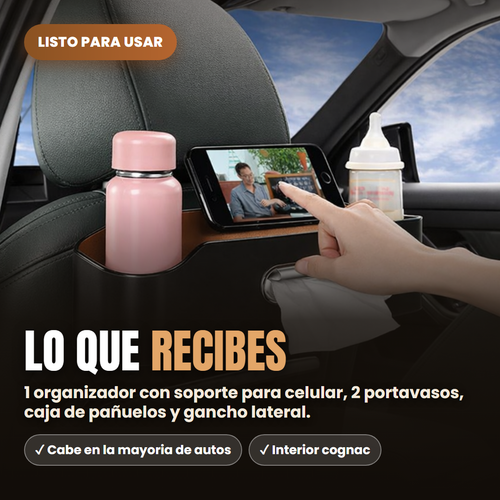Lo que recibes: organizador con soporte celular, 2 portavasos, panuelos y gancho