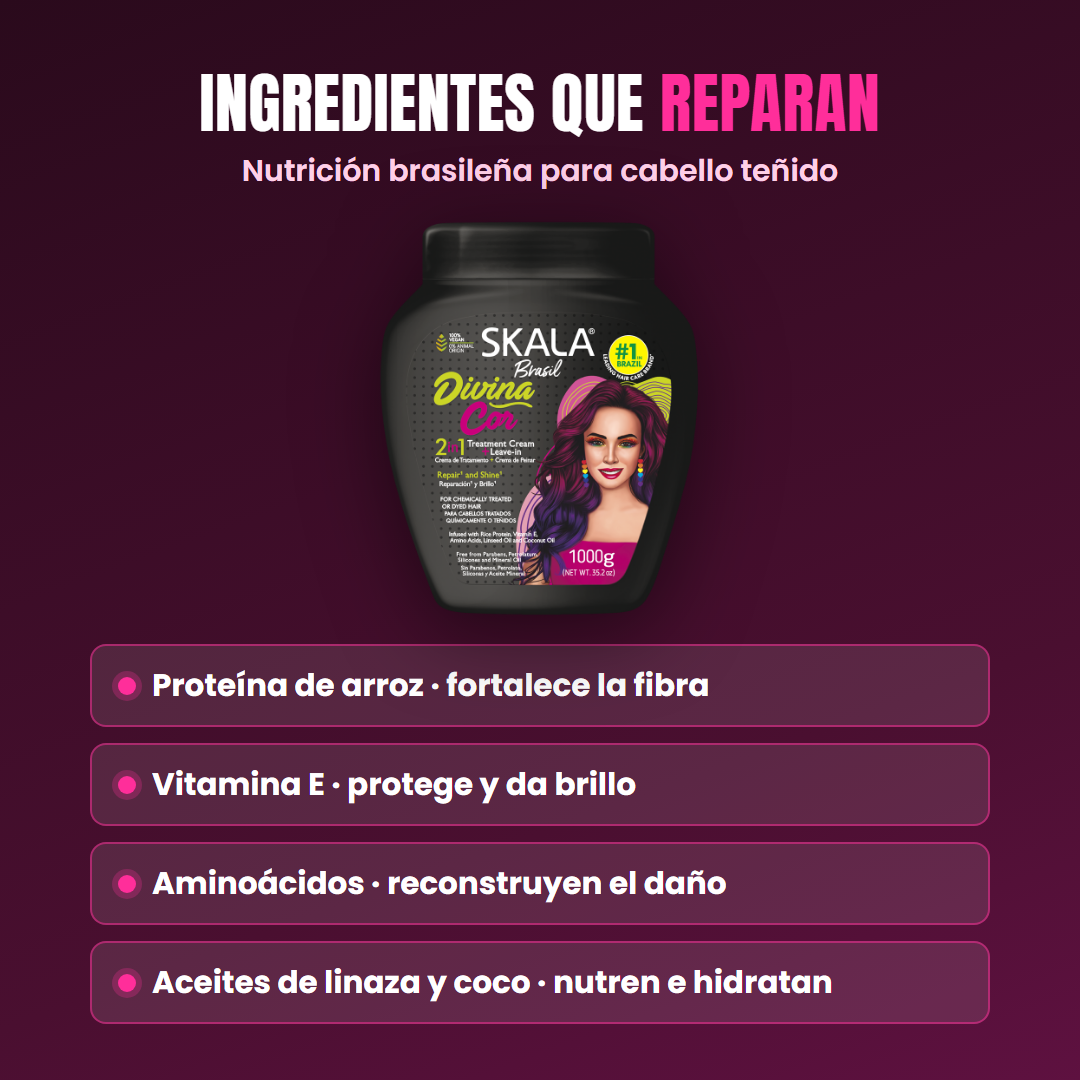 Ingredientes: proteina de arroz, vitamina E, aminoacidos, aceites de linaza y coco